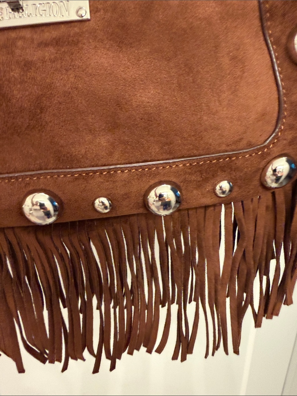NWT-VIRAL True Religion Brown Suede Fringe Shoulder Bag with Stud Accents. - Picture 15 of 16
